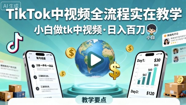 TikTok中视频全流程实操教学，小白做tk中视频，日入百刀-问小徐资源库