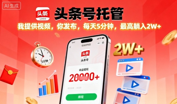 【头条号托管】我提供视频，你发布，每天5分钟，最高躺入2W+【揭秘】-问小徐资源库