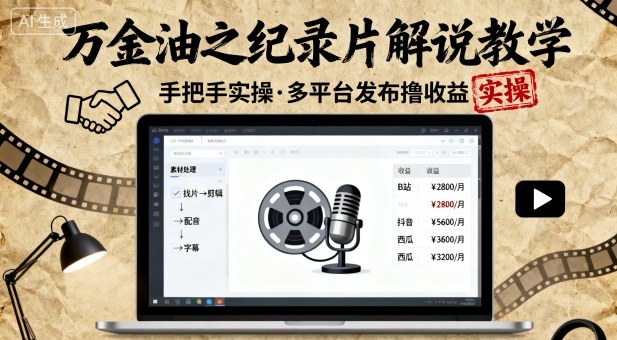 万金油之纪录片解说教学，手把手教你，完全实操，多平台发布撸收益-问小徐资源库