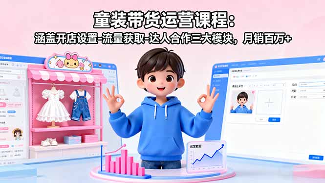 童装带货运营课程：涵盖开店设置-流量获取-达人合作三大模块，月销百万+-问小徐资源库
