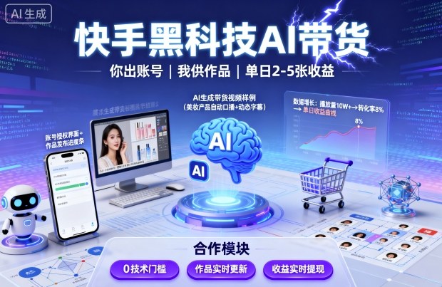快手黑科技AI带货，你提供账号，我提供作品并发布，单日2-5张【揭秘】-问小徐资源库