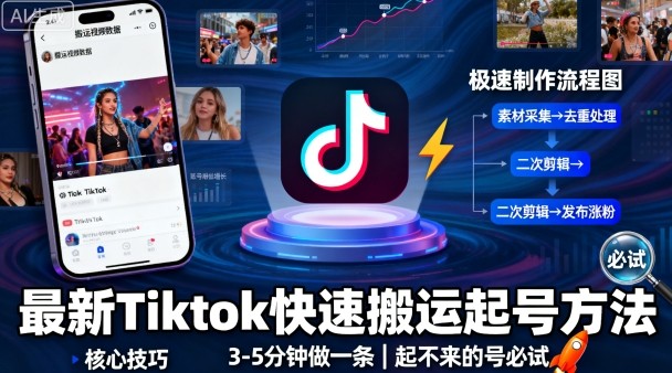 最新Tiktok快速搬运快速起号方法，3-5分钟做一条，起不来的号可以试试-问小徐资源库