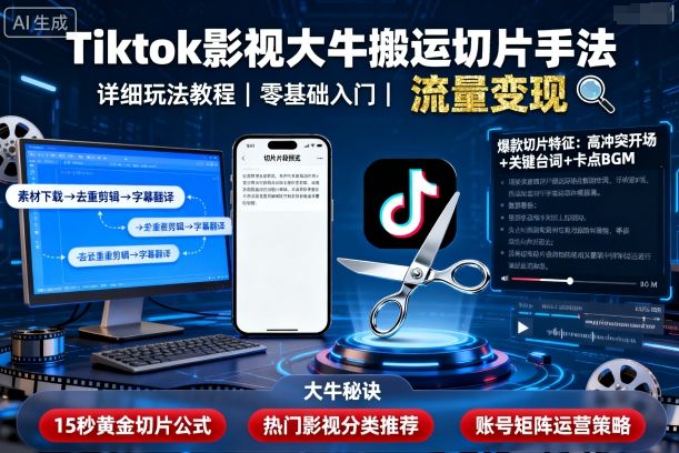 Tiktok影视大牛搬运切片手法，详细玩法教程-问小徐资源库