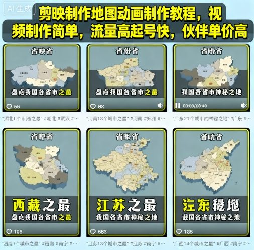 剪映制作地图动画制作教程，视频制作简单，流量高起号快，伙伴单价高-问小徐资源库