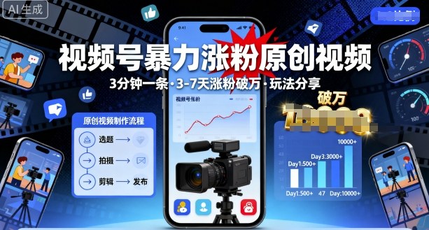 视频号暴力涨粉原创视频，3分钟一条原创视频，3-7天涨粉破万，玩法分享给你-问小徐资源库