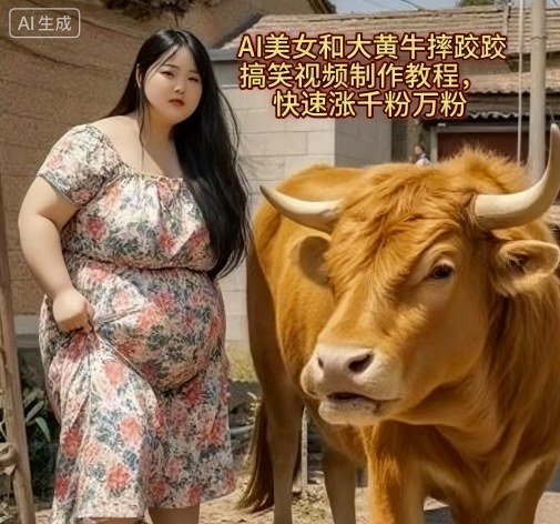 AI美女和大黄牛摔跤搞笑荒诞视频制作教程，快速涨千粉万粉-问小徐资源库