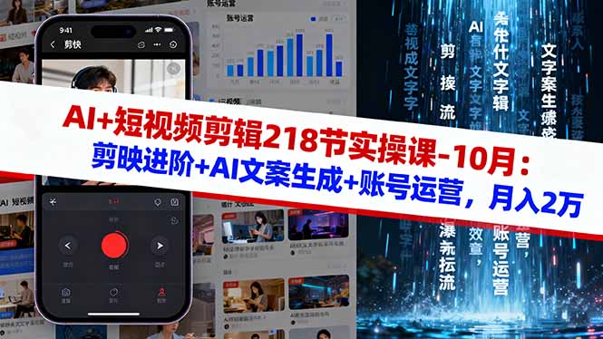 AI+短视频剪辑218节实操课-10月：剪映进阶+AI文案生成+账号运营，月入2万-问小徐资源库