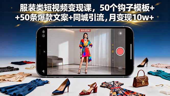 服装类短视频变现课，50个钩子模板+50条爆款文案+同城引流，月变现10w+-问小徐资源库
