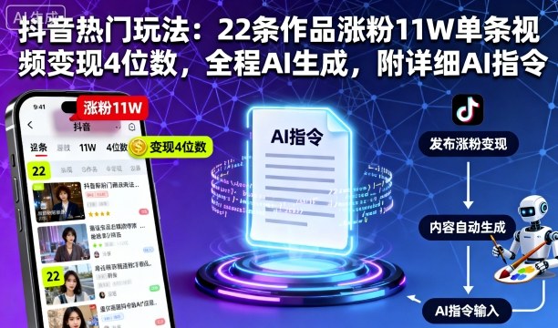 抖音热门玩法：22条作品涨粉11W单条视频变现4位数，全程AI生成，附详细AI指令-问小徐资源库