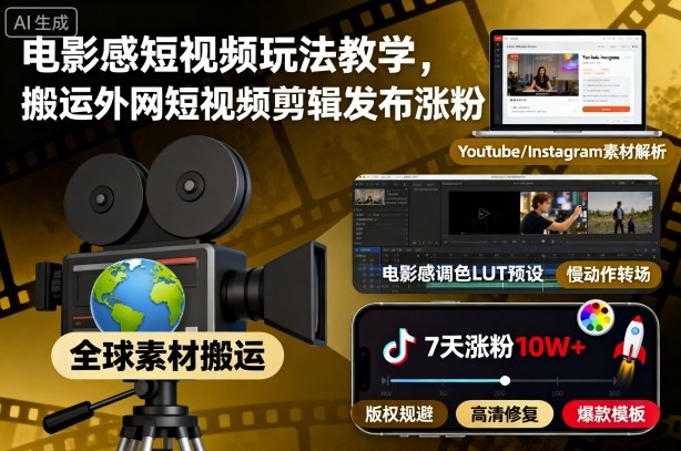 电影感短视频玩法教学，搬运外网短视频剪辑发布涨粉-问小徐资源库