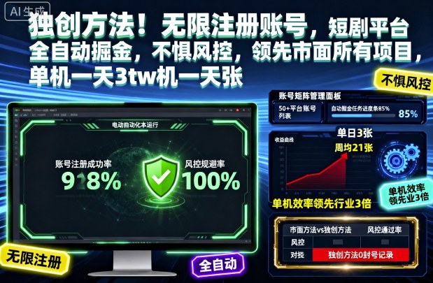 独创方法！无限注册账号，短剧平台全自动掘金，不惧风控，领先市面所有项目，单机一天3张【揭秘】-问小徐资源库