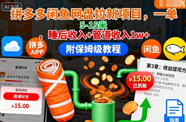 拼多多闲鱼网盘拉新项目，一单5-15米，睡后收入+管道收入1w+(附保姆级教程)-问小徐资源库