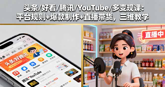 头条/好看/腾讯/YouTube/多变现课：平台规则+爆款制作+直播带货，三维教学-问小徐资源库