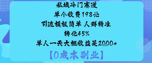 私域冷门赛道:单个收费198米引流模板简单人群精准转化45%单人一天大概收益是1k+-问小徐资源库
