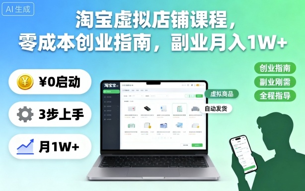 淘宝虚拟店铺课程，零成本创业指南，副业月入1W+-问小徐资源库
