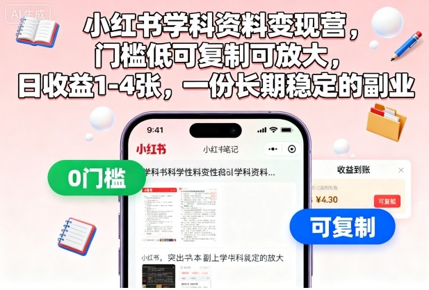 小红书学科资料变现营,门槛低可复制可放大,日收益1-4张,一份长期稳定的副业-问小徐资源库