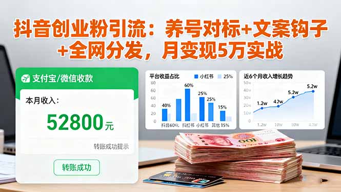 抖音创业粉引流：养号对标+文案钩子+全网分发，月变现5万实战-问小徐资源库