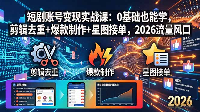 短剧账号变现实战课：0基础也能学，剪辑去重+爆款制作+星图接单，2026流量风口-问小徐资源库