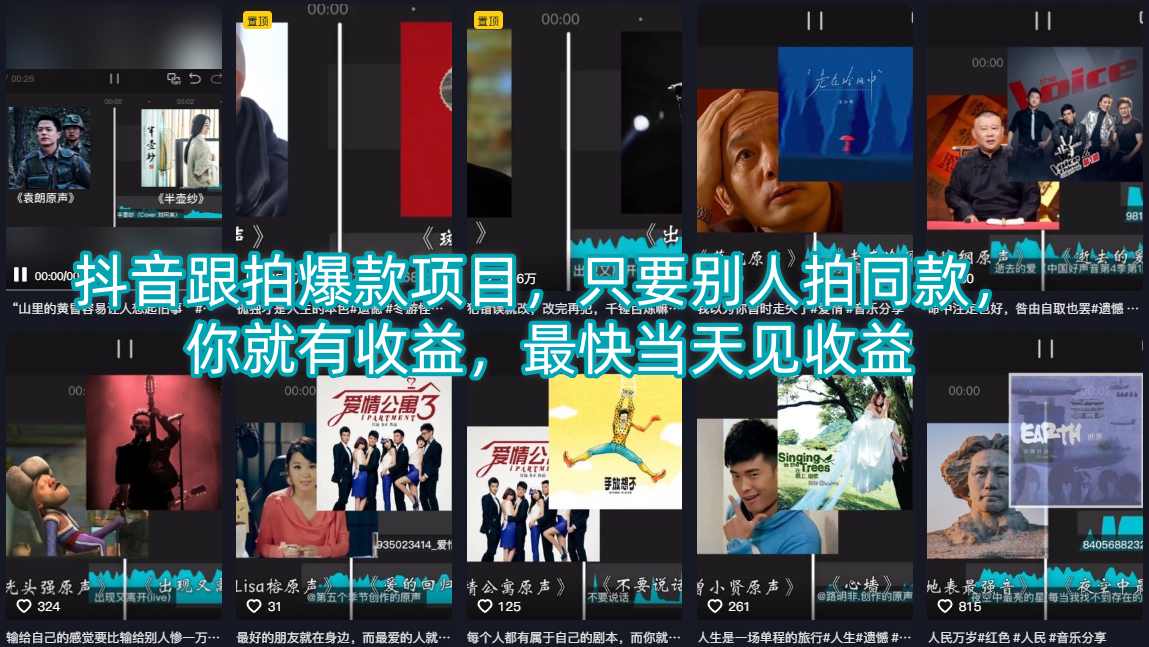 抖音跟拍爆款项目，只要别人拍同款，你就有收益，最快当天见收益-问小徐资源库