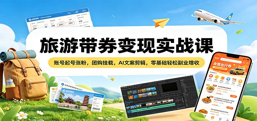 旅游带券变现实战课：账号起号涨粉，团购挂载，AI文案剪辑，零基础轻松副业增收-问小徐资源库