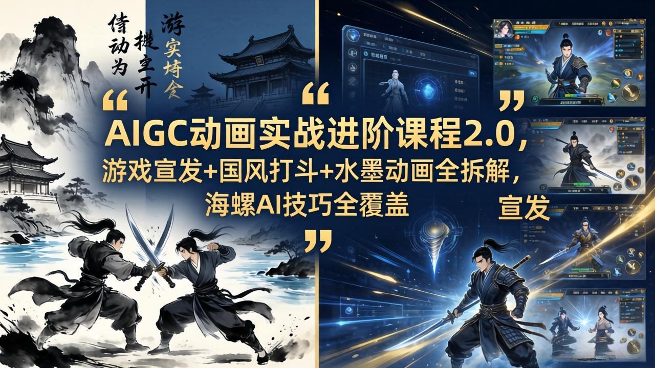 AIGC动画实战进阶课程2.0，游戏宣发+国风打斗+水墨动画全拆解，海螺AI技巧全覆盖-问小徐资源库