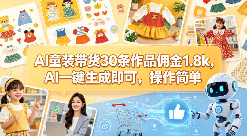 AI童装带货30条作品佣金1.8k，AI一键生成即可，操作简单-问小徐资源库