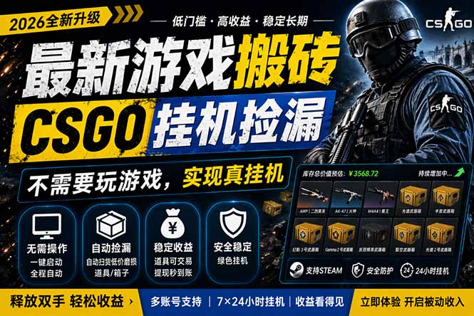 最新游戏搬砖，CSGO纯挂机，不需要玩游戏，实现真挂机，月入1W+，五一小高峰上车可吃肉，…-问小徐资源库
