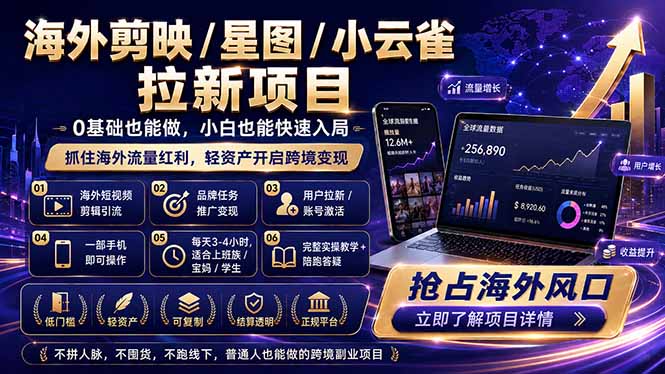 海外剪映 / 星图 / 小云雀拉新项目 普通人也能上手的跨境流量变现副业-问小徐资源库