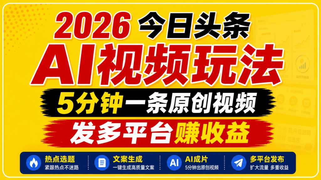 2026今日头条AI视频玩法，5分钟一条原创视频，发多平台赚收益-问小徐资源库