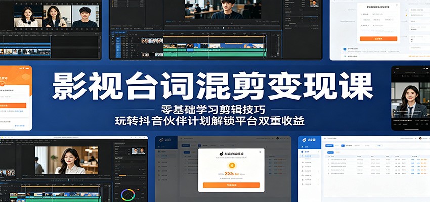 影视台词混剪变现课:零基础学习剪辑技巧,玩转抖音伙伴计划解锁平台双重收益-问小徐资源库