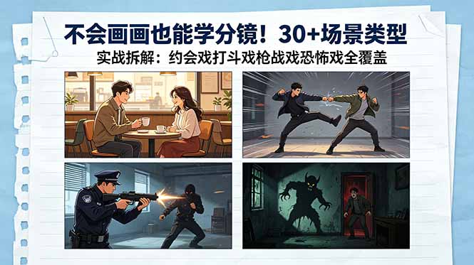 不会画画也能学分镜！30+场景类型实战拆解：约会戏打斗戏枪战戏恐怖戏全覆盖-问小徐资源库