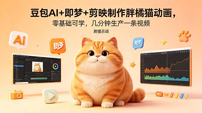 豆包AI+即梦+剪映制作胖橘猫动画，零基础可学，几分钟生产一条视频，附提示词-问小徐资源库
