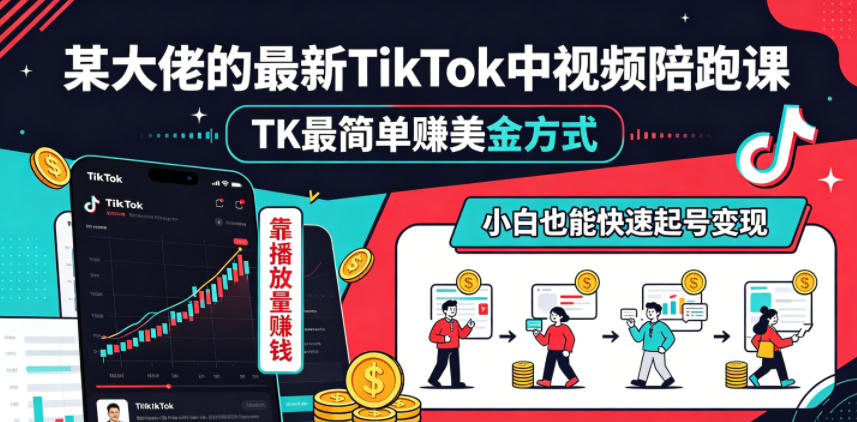 某大佬的最新TikTok中视频陪跑课,TK最简单賺美金方式,靠播放量賺钱,小白也能快速起号变现-问小徐资源库