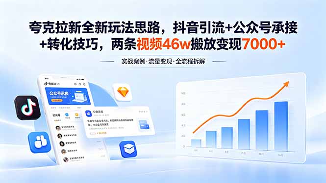 夸克拉新全新玩法思路，抖音引流+公众号承接+转化技巧，两条视频46w搬放 变现7000+-问小徐资源库