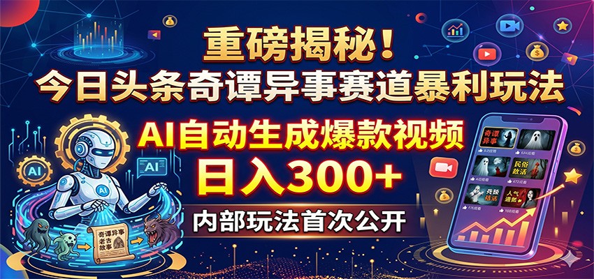 重磅揭秘！今日头条奇谭异事赛道暴利玩法：AI自动生成爆款视频，日入300+-问小徐资源库
