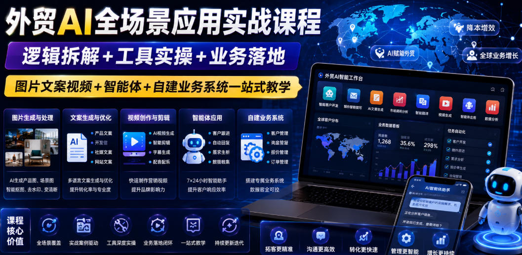 外贸AI全场景应用实战课程｜逻辑拆解+工具实操+业务落地，图片文案视频+智能体+自建业务系统一站式教学-问小徐资源库