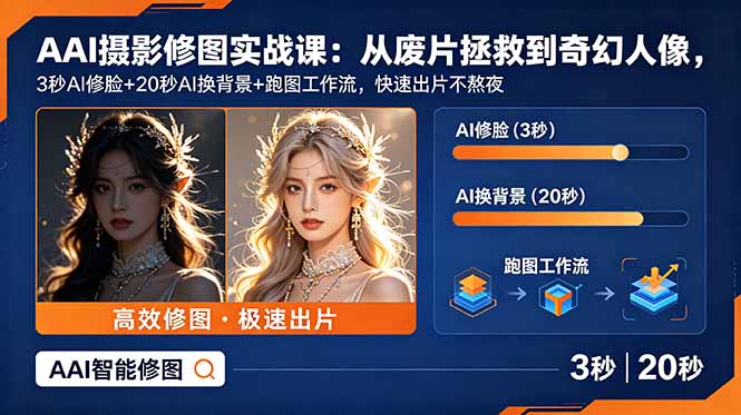 AI摄影修图实战课：从废片拯救 到 奇幻人像，3秒AI修脸+20秒AI换背景+跑图工作流，快速出片不熬夜-问小徐资源库
