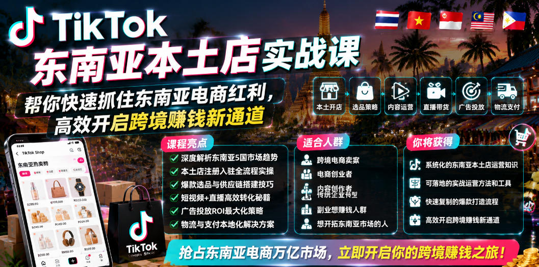 TikTok东南亚本土店实战课,帮你快速抓住东南亚电商红利,高效开启跨境賺钱新通道-问小徐资源库