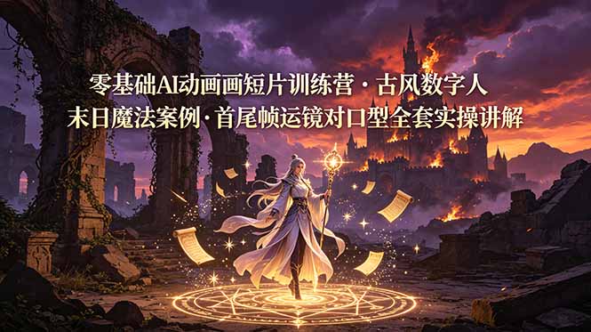 零基础AI动画短片训练营，古风数字人末日魔法案例，首尾帧运镜对口型全套实操讲解-问小徐资源库