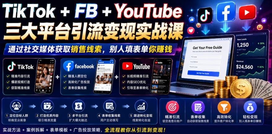 TikTok+FB+YouTube三大平台引流变现实战课，通过社交媒体获取销售线索，别人填表单你賺钱【原创双语字幕】-问小徐资源库