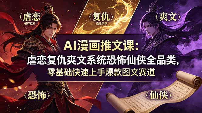 AI漫画推文课：虐恋复仇爽文系统恐怖仙侠全品类，零基础快速上手爆款图文赛道-问小徐资源库
