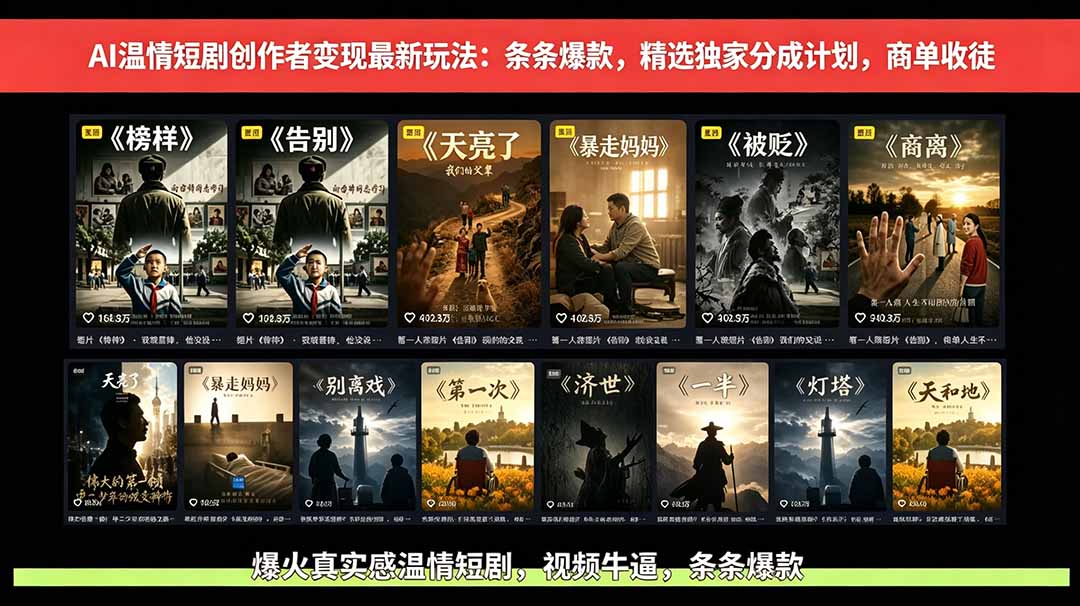 AI温情短剧创作者变现最新玩法：视频牛逼，条条爆款，精选独家分成计划，商单收徒-问小徐资源库