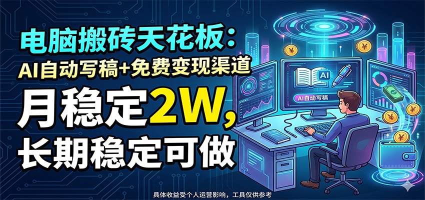 电脑搬砖天花板：AI自动写稿+免费变现渠道，月稳定2W，长期稳定可做-问小徐资源库