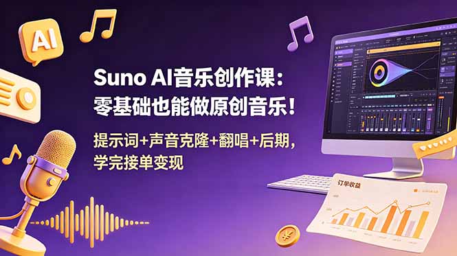 Suno AI音乐创作课:零基础也能做原创音乐!提示词+声音克隆+翻唱+后期,学完接单变现-问小徐资源库
