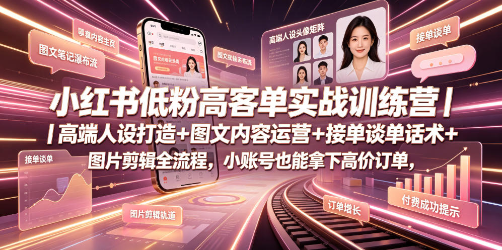 小红书低粉高客单实战训练营｜高端人设打造+图文内容运营+接单谈单话术+图片剪辑全流程，小账号也能拿下高价订单-问小徐资源库