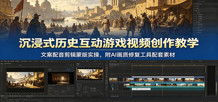 沉浸式历史互动游戏视频创作教学：文案配音剪辑蒙版实操，附AI画质修复工具配套素材-问小徐资源库