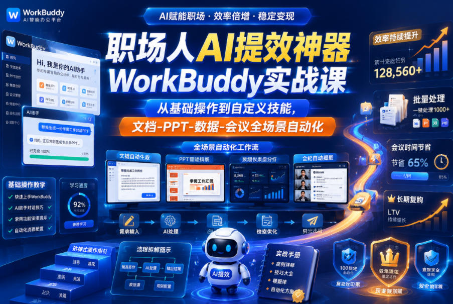 职场人AI提效神器WorkBuddy实战课，从基础操作到自定义技能，文档-PPT-数据-会议全场景自动化-问小徐资源库