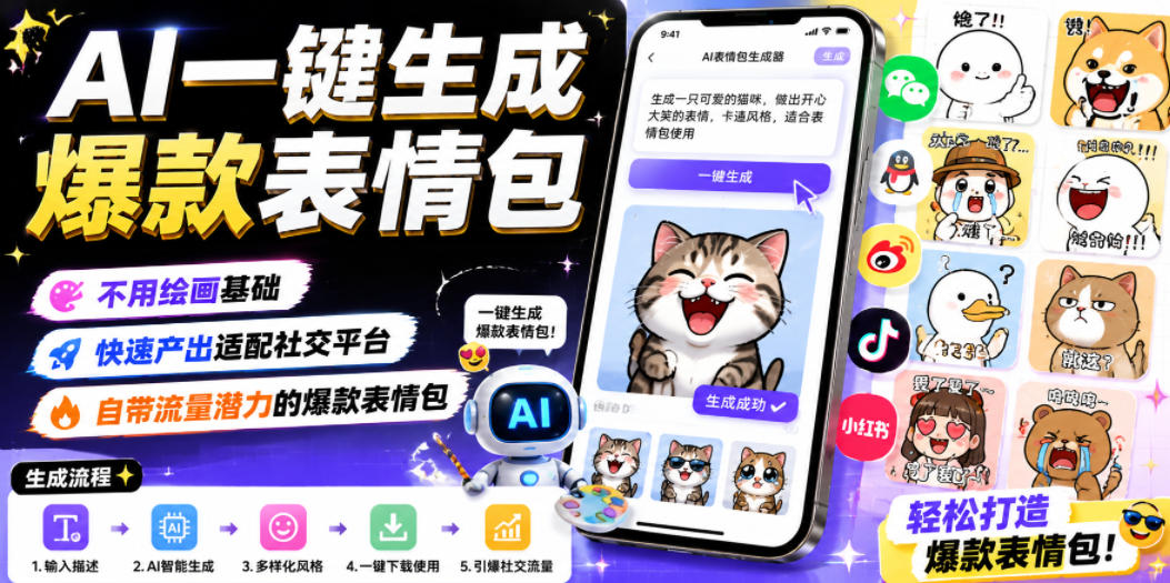 AI一键生成爆款表情包，不用绘画基础，快速产出适配社交平台，自带流量潜力的爆款表情包-问小徐资源库