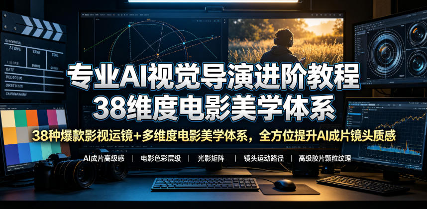 专业AI视觉导演进阶教程，38种爆款影视运镜+多维度电影美学体系，全方位提升AI成片高级感与镜头质感-问小徐资源库
