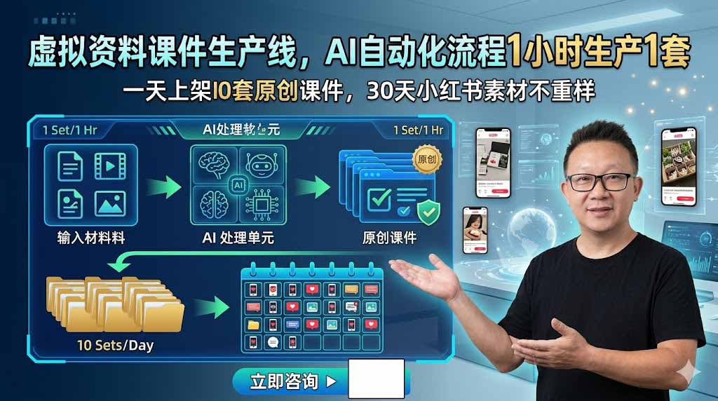 虚拟资料课件生产线，AI自动化流程1小时生产1套，一天上架10套原创课件，30天小红书素材不重样-问小徐资源库